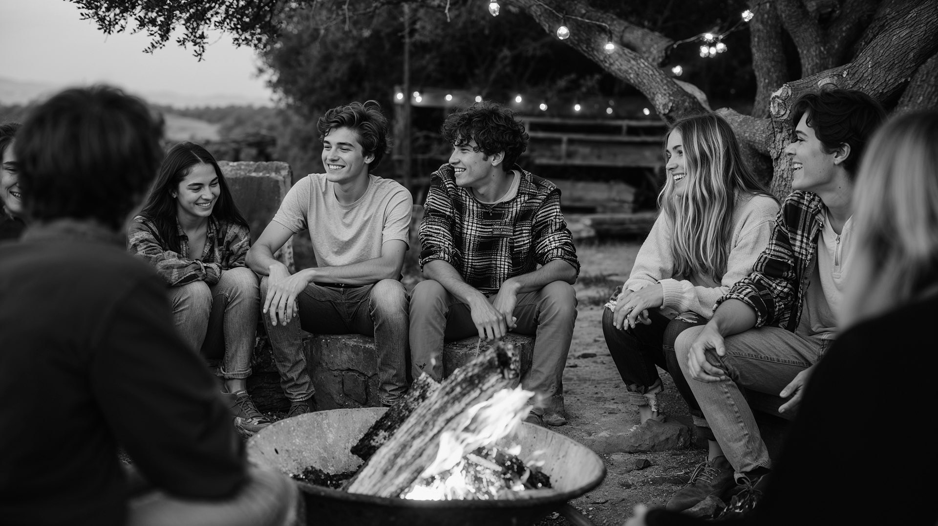 Young adults gathered in conversation around a campfire